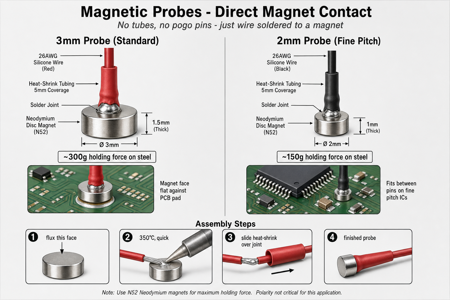 Magnetic probe construction: wire soldered directly to a tiny neodymium magnet