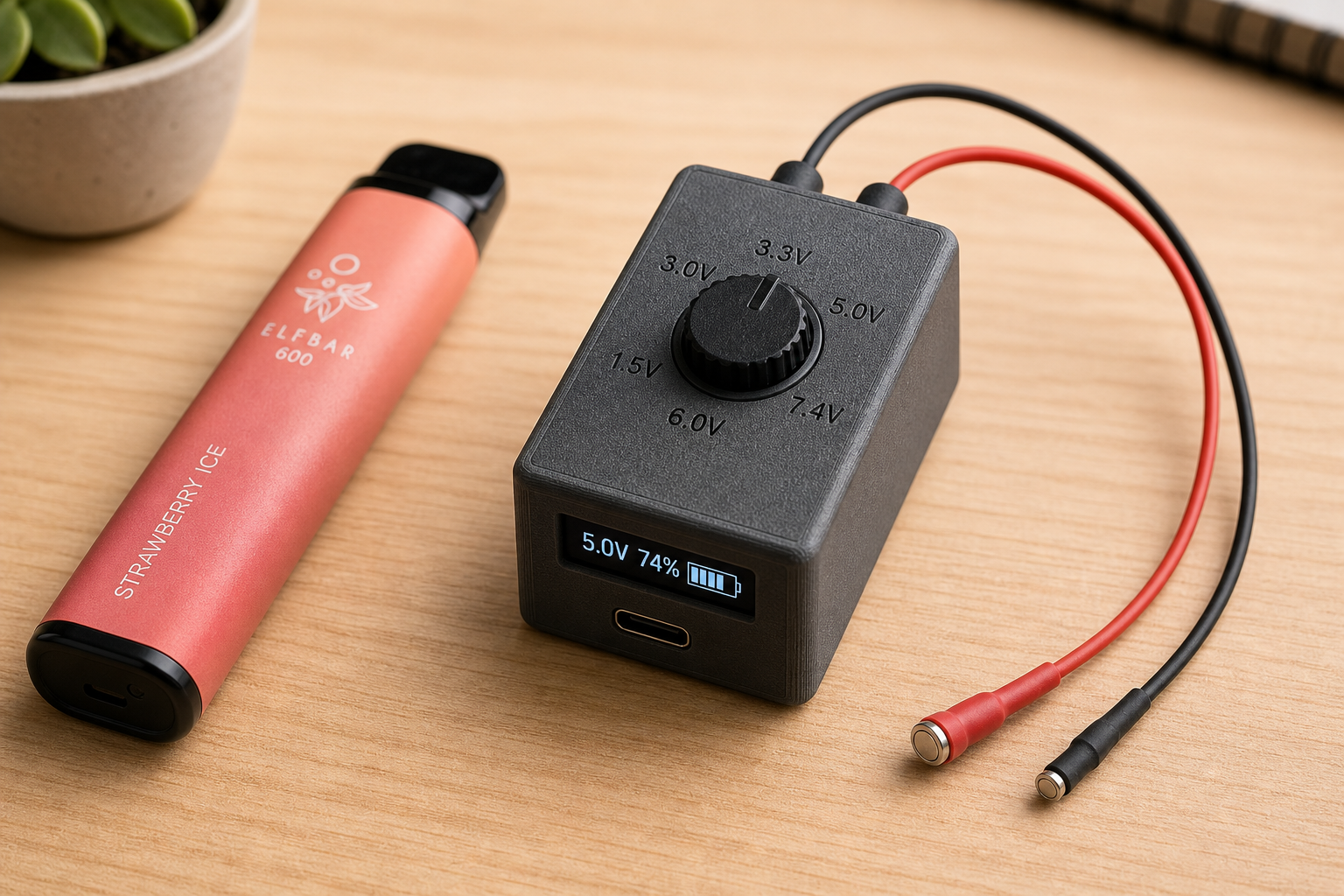 The Magnetic Probe Pack -- lighter-sized device with voltage dial, OLED display, USB-C charging, and two magnet-tipped probe cables